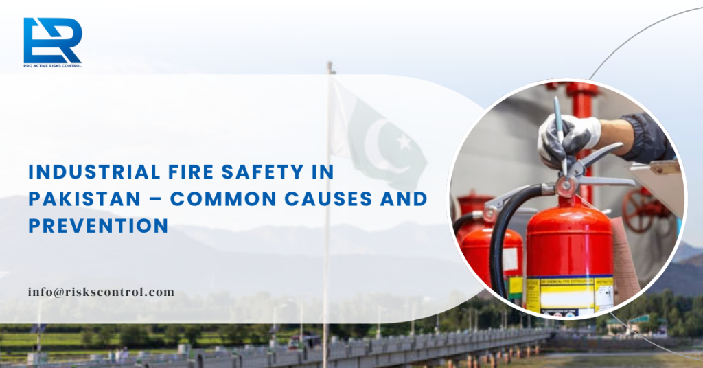 Industrial fire safety in Pakistan – workers trained in HSE and NFPA fire safety, using fire extinguishers and following safety regulations in a factory.