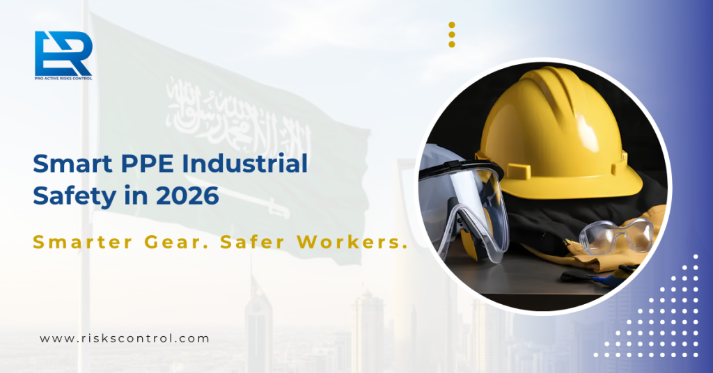 Smart PPE industrial safety equipment in modern factory showing wearable safety devices, sensors, and real-time worker monitoring technology in 2026