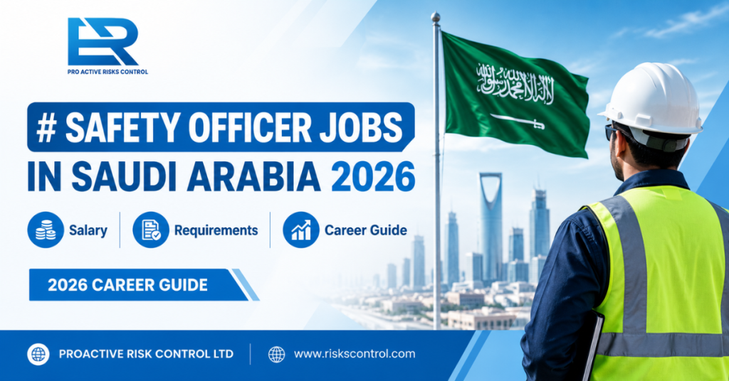 Safety Officer jobs in Saudi Arabia: Safety Officer reviewing workplace safety procedures at an industrial site in Saudi Arabia.